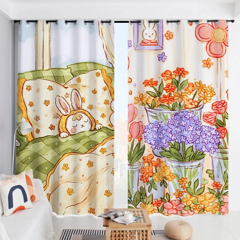 New Cartoon Cute Curtain High Shading Girls Dormitory Children's Room Bedroom Blackout Drape Window Pastoral Style Pattern New