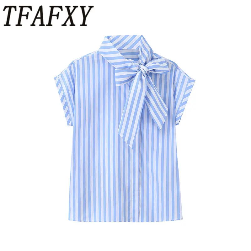 TFAFXY 2026 Summer Thin Women Blouse Striped Bow Sleeveless Single Breasted Blouse Fashion Loose Blouses