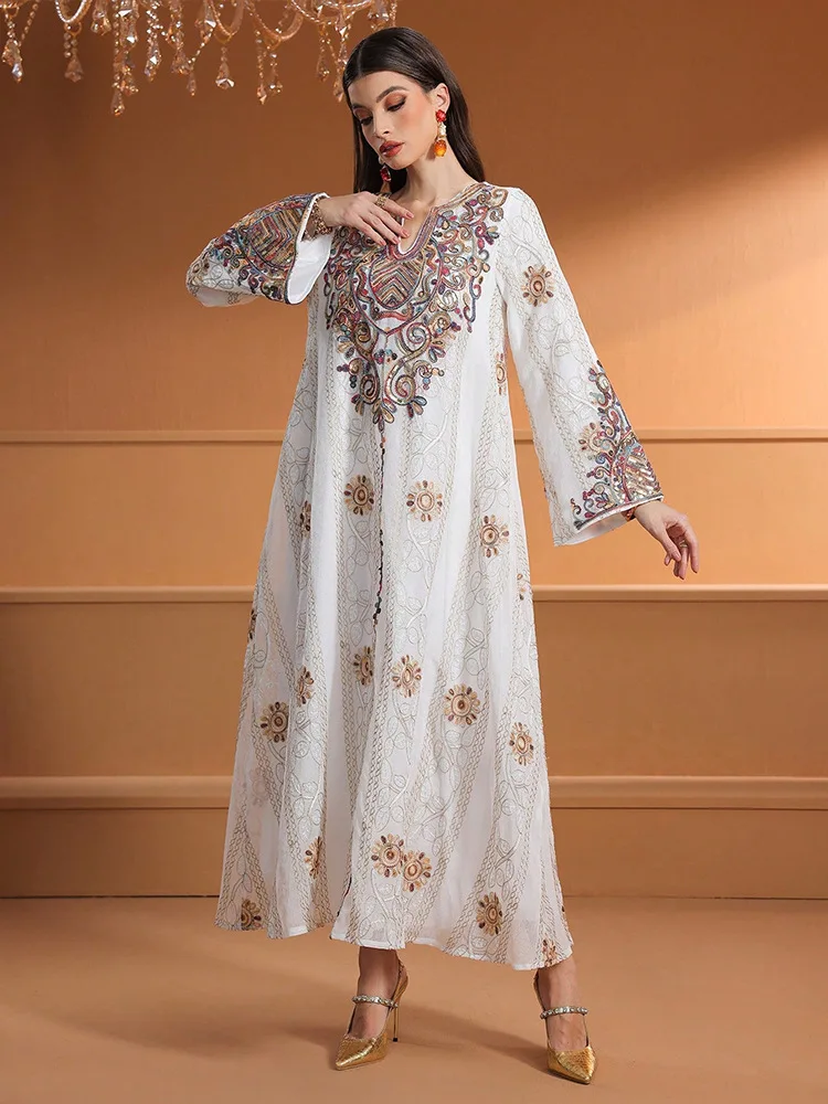 

Марокканский стиль, мусульманская Абая, женское платье с длинным рукавом, сложное красочное платье с вышивкой, идеально подходящее для ближневосточной скромной исламской одежды