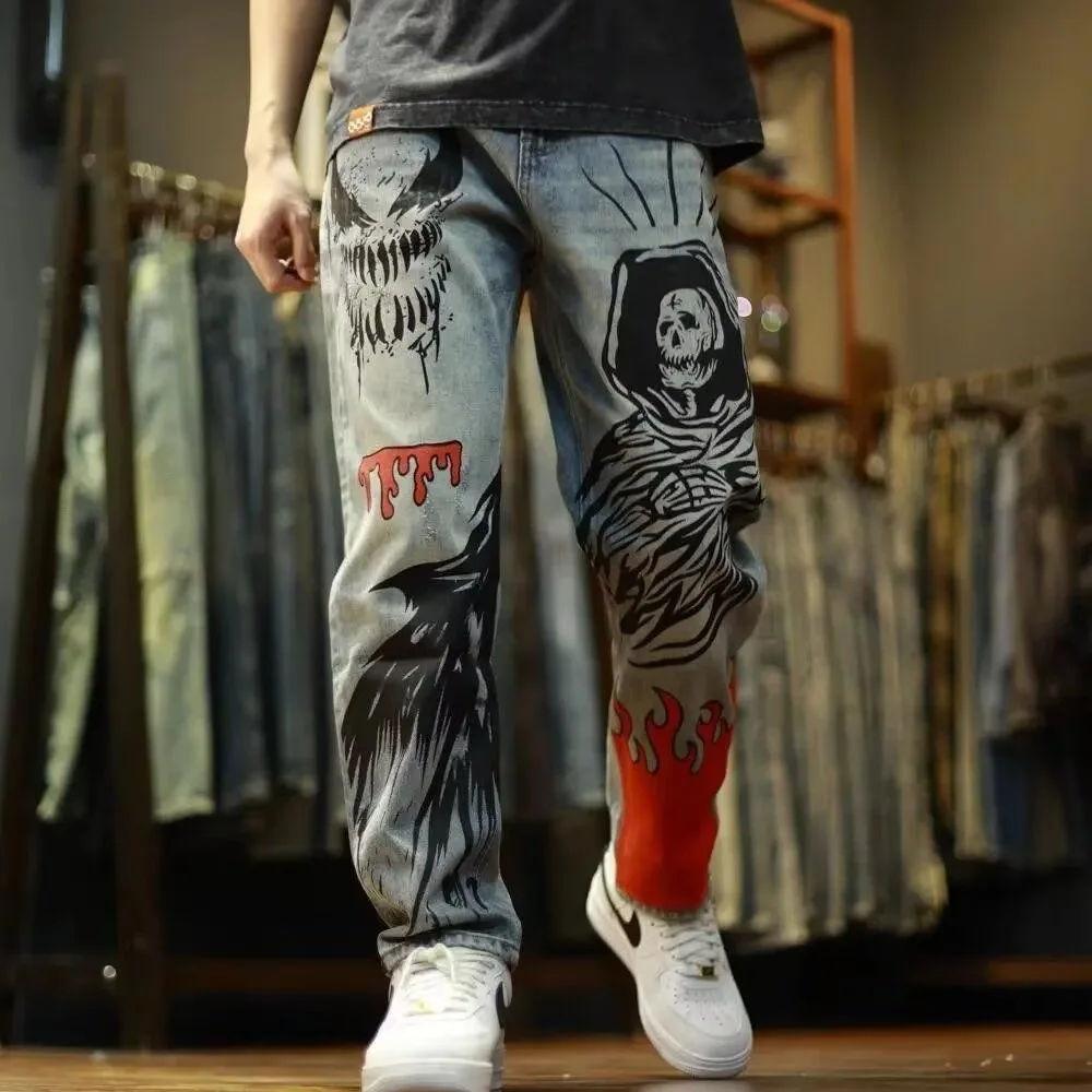 

Autumn and Spring New Fashion Trend Print Retro Sports Straight Leg Jeans Men's Loose Plus Size Stretch High Quality Denim Pants