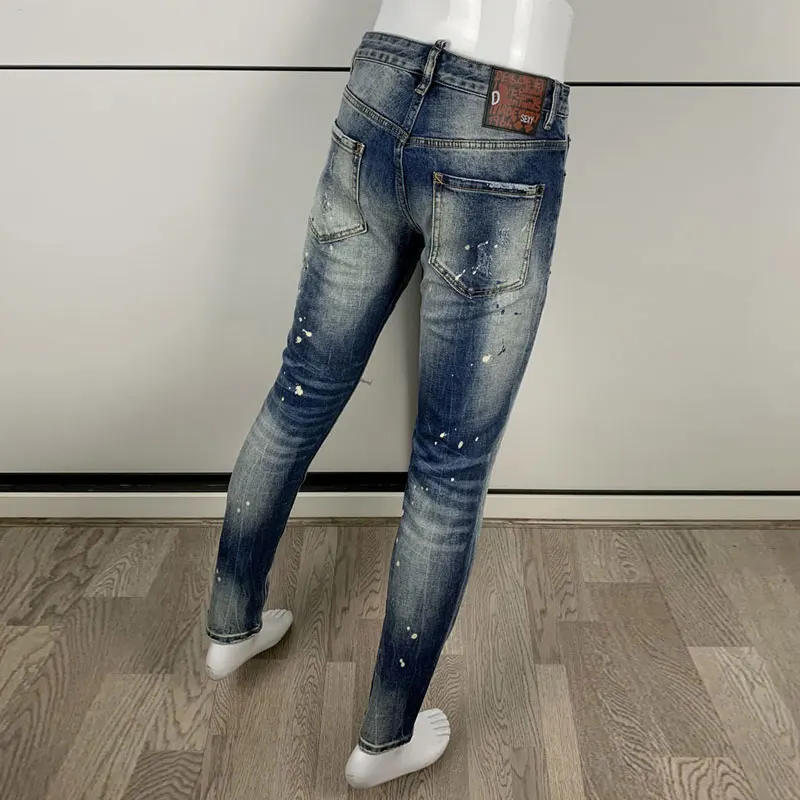 Men Blue Gradient Whisker Splash‑ink Ripped Stretch Skinny Denim Jeans Punk Street Hip‑Hop Denim JeansY2k