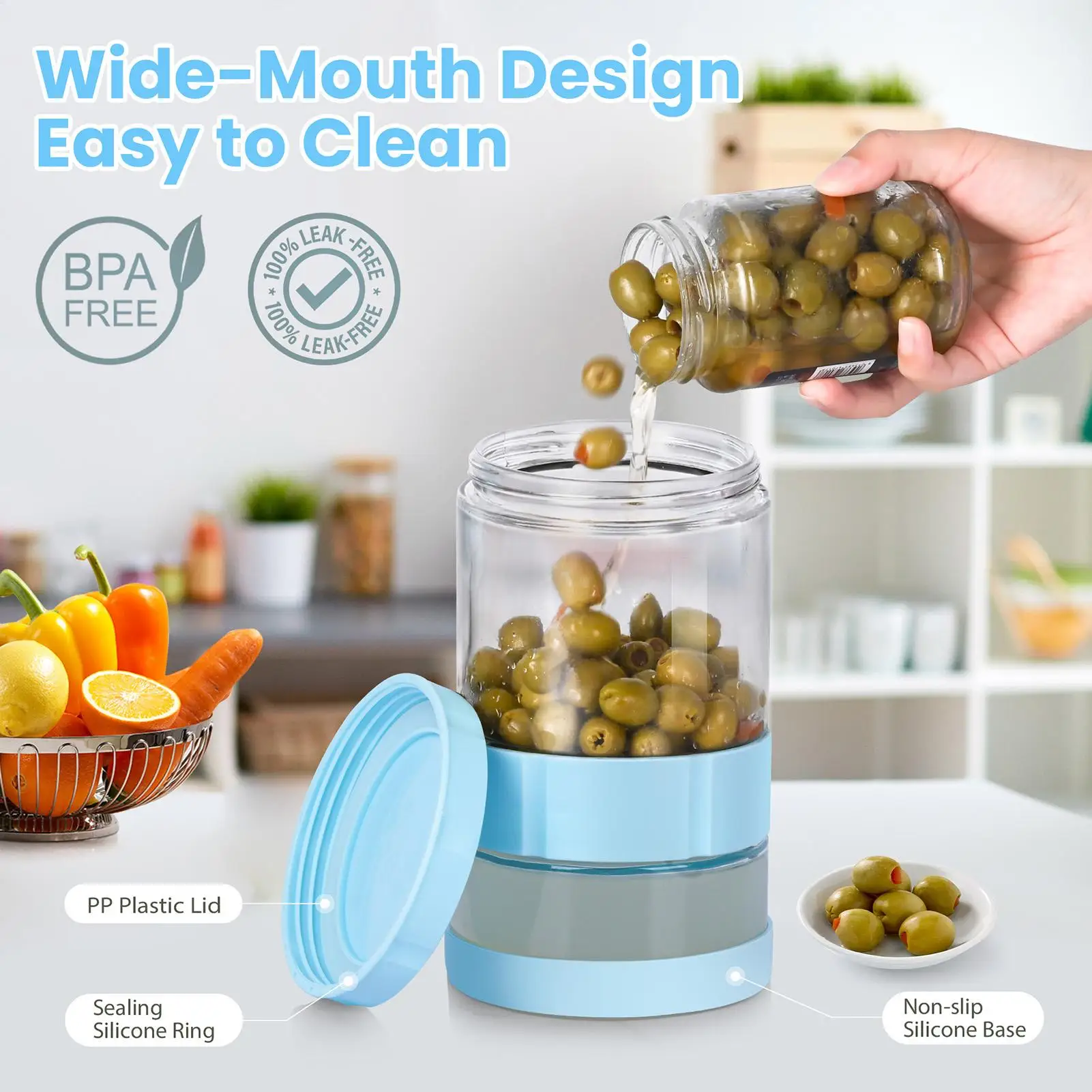 

Glass Pickle Jar Pickle Dispenser Silicone Lid Invertible Glass Bottle Wet Dry Separation Wide Mouth Non-Slip For Brewing Candy