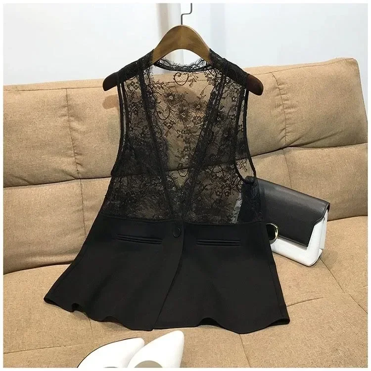 

Slim Vests Women Sleeveless V-neck Lace Design Elegant Office Lady Sexy Black Shirts Chic Patchwork Temperament Fashion Outwear