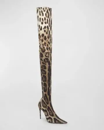 Sexy Women Leopard Snakeskin Pointed Toe Over The Knee Boots Female Stiletto Heels Slim Thigh Long Socks Boots Shoes Lady