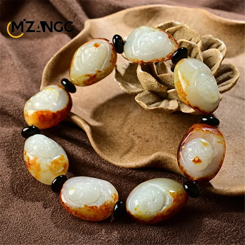 

Natural Hetian Jade God of Wealth Bracelet Hand-carved Exquisitely Luxuriously with Leather Unisex During Festivals Perfect Gift