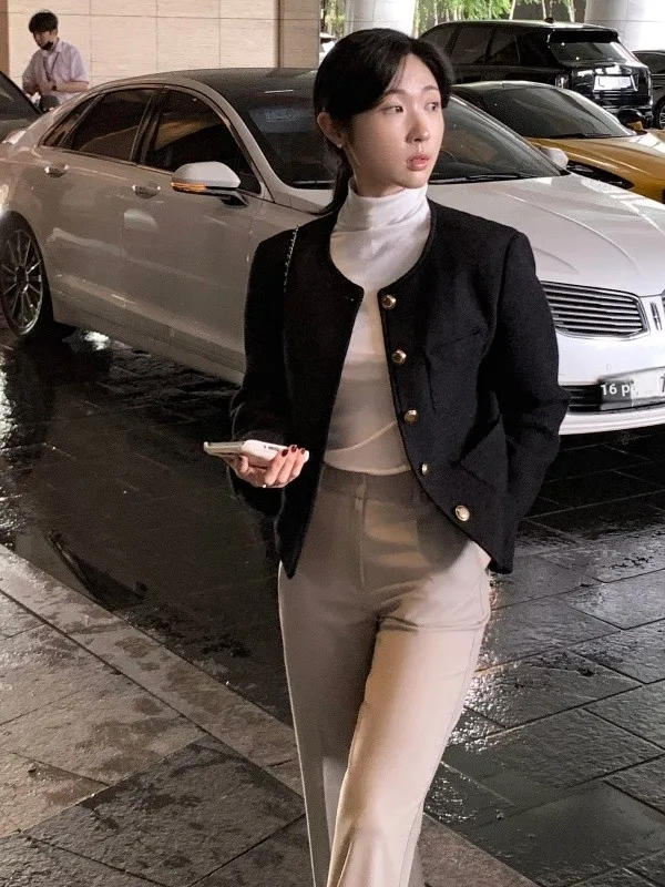 معطف Ele Ladylike ort للنساء من Faion الكورية Sle فضفاض مناسب من ألياف البوليستر لون نقي بأزرار تفاصيل بلوزة للخريف والشتاء #5