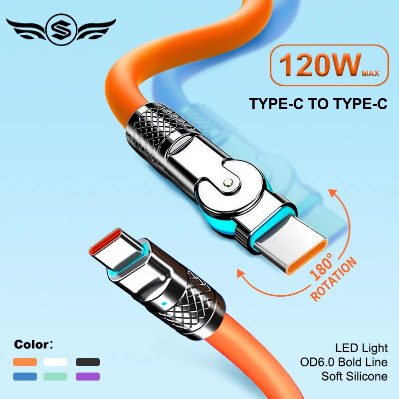 

1 м/2 м, силиконовый вращающийся коленчатый кабель типа C, 6 А, сверхбыстрая зарядка, USB C-C, кабель для передачи данных, прочный, гибкий, высокоскоростной
