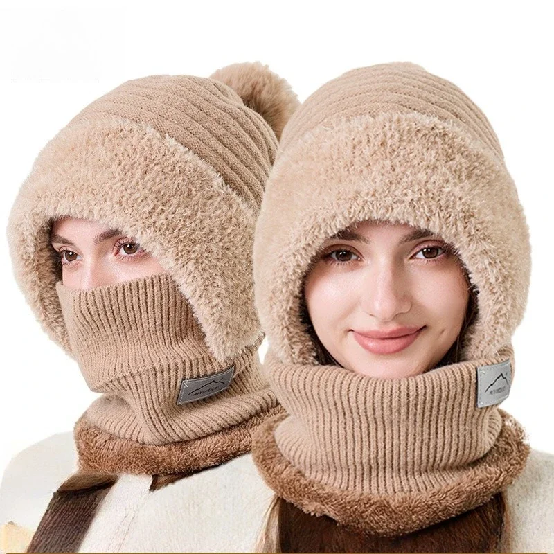 Vertical Knitted One-piece Hat Women's Hairball Flanging Plush Face Protection Neck Protection Scarf Thickened Pullover Hat