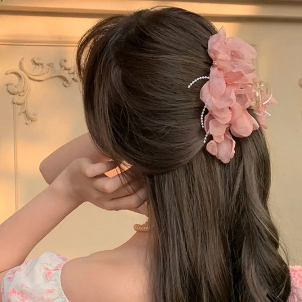 Pinza para el pelo de flor de estilo coreano grande, lazo para el pelo con perlas, tocado, soporte para cola de caballo, pinza para el pelo tipo cangrejo, accesorios de verano