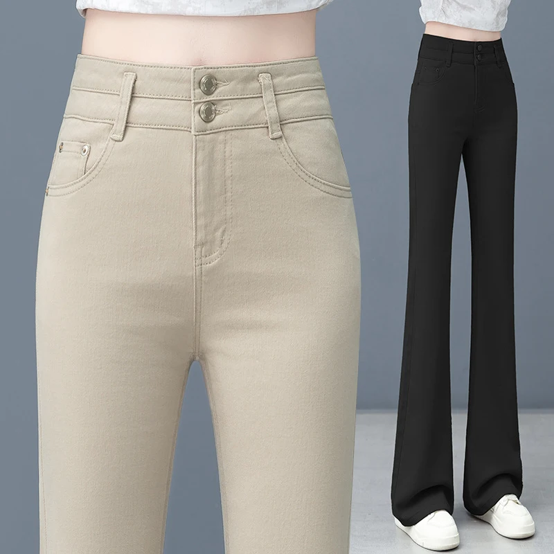 

Мягкие джинсовые брюки-клеш для женщин, новая осенняя модель, облегающие, больших размеров, модные длинные брюки.