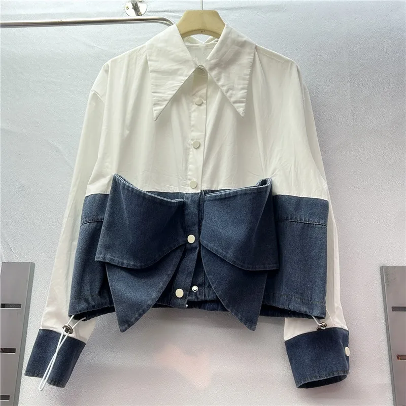 

SuperAen Long-sleeved Patchwork Denim Design Shirt for Women Autumn 2025 Europe and America Style Bow Tie Loose Shirts