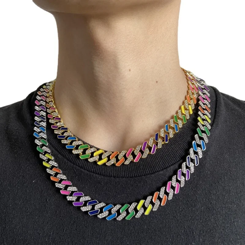 

Hip Hop Men Women 12mm Enamel Colorful Rainbow Chain Bracelet Bling Rhinestone Paved Miami Rhombus Cuban Chain Jewelry