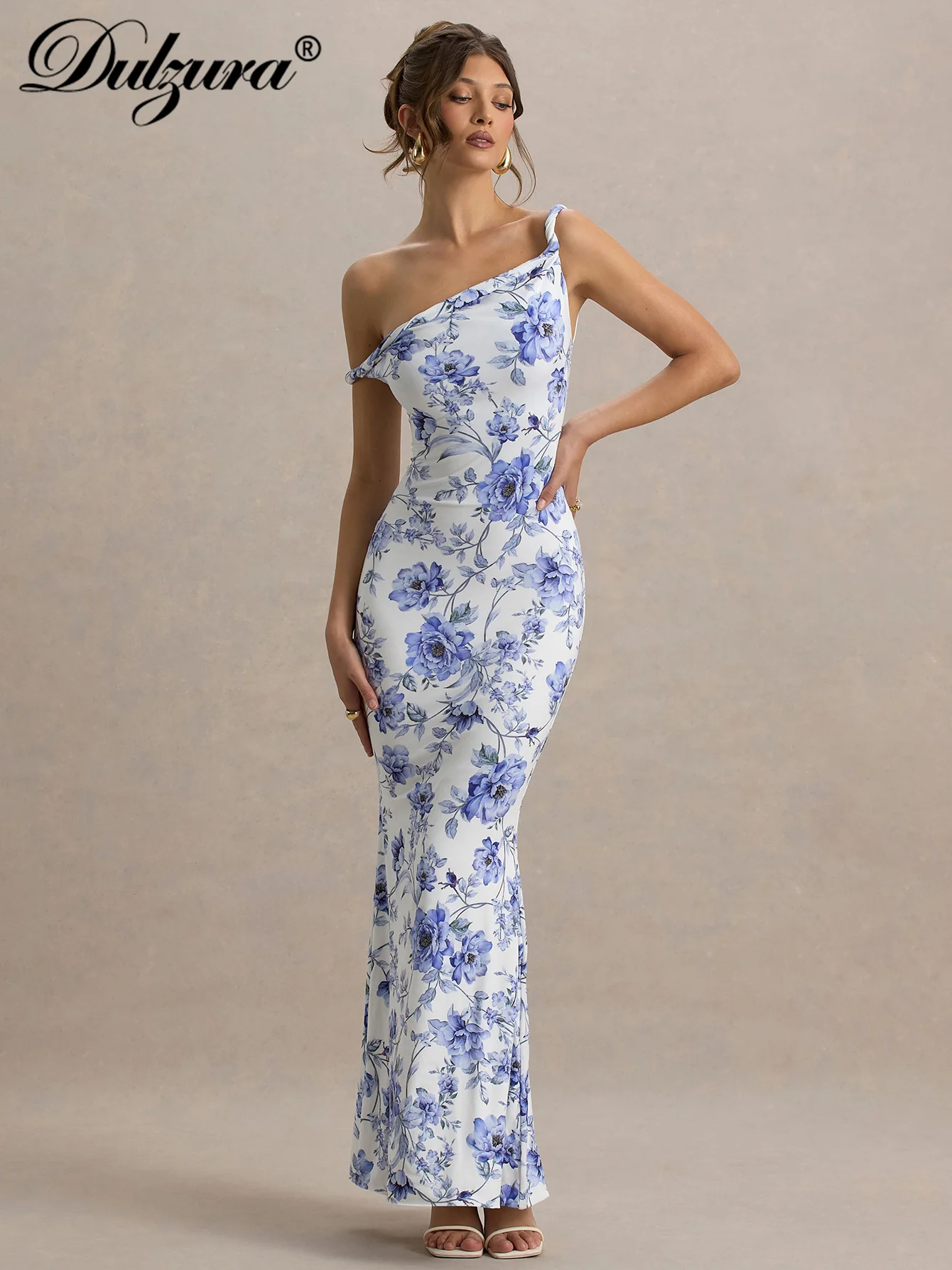 Dulzura Schräge Schulter, ärmellos, rückenfrei, figurbetont, Blumendruck, langes Kleid, sexy, elegantes Freizeitkleid, Party, Club, Sommer-Outfit