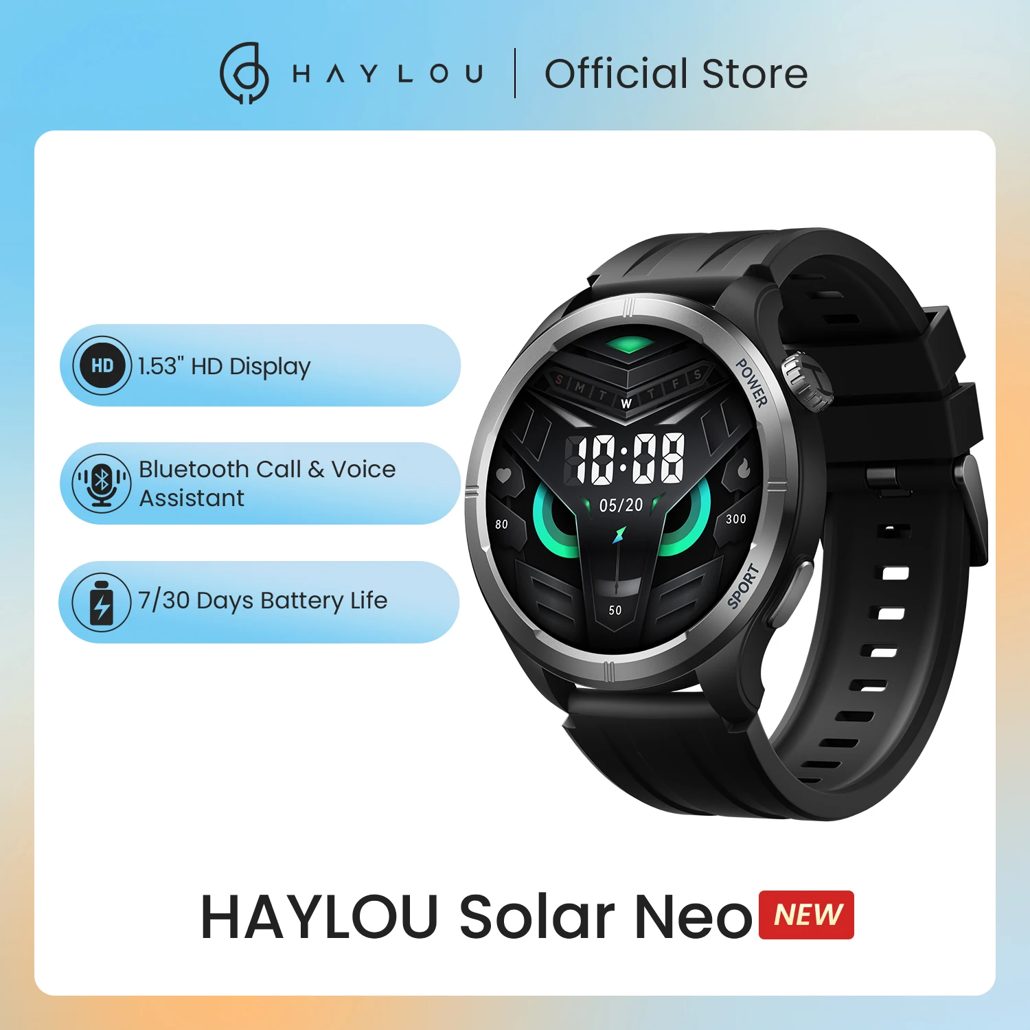 HAYLOU 솔라 네오 스마트 시계 1.53 '' HD 디스플레이 블루투스 통화 스마트 알림 음성 지원 스마트 워치 남성 여성 스마트 스포츠 시계 