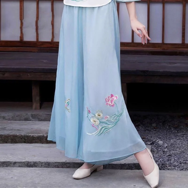 Women Floral Embroidered Long Pants Spring Summer Folk-custom Chiffon Pant Mid-aged Old Women Wide-leg Pant Skirt Trousers W1985
