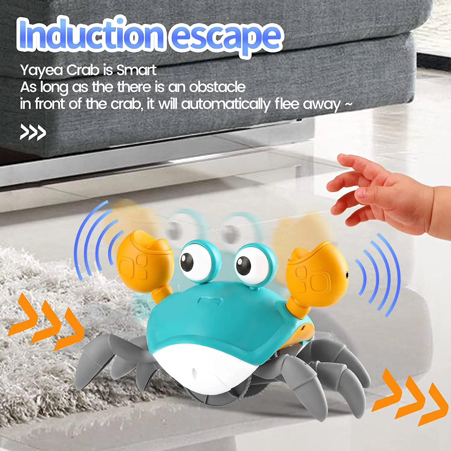 Musical Crawling Crab Baby Toy, Rechargeable Walking Crab Toy with LED Light, Automatically Avoid Obstacle, Fun Interactive Toys