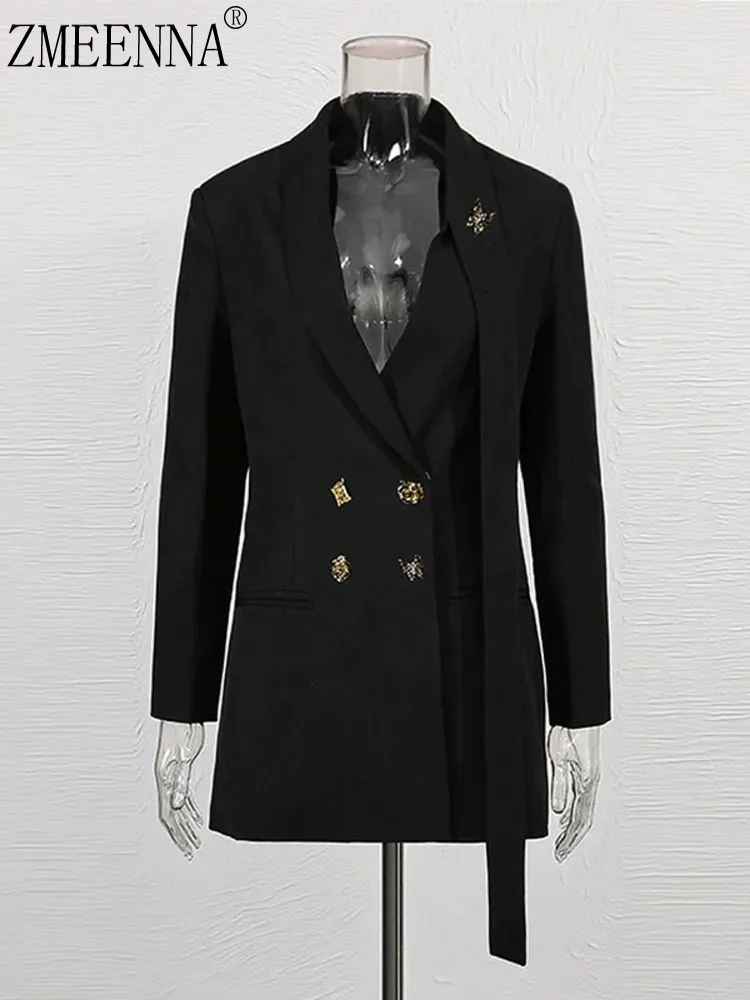 

ZMEENNA Elegant Black Double Breasted Blazer For Women With Gold Button Detailing Stylish Business Office Outerwear ZM4062