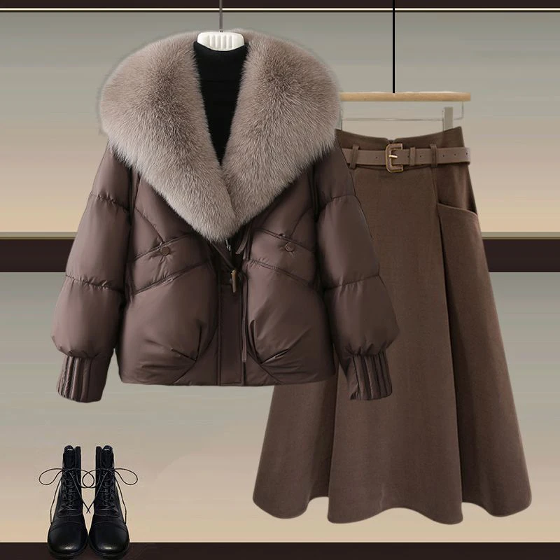 Cappotto e gonna da donna invernale Thiened Set gonna snellente a vita alta Abito lungo a due pezzi con collo in pelliccia sintetica calda