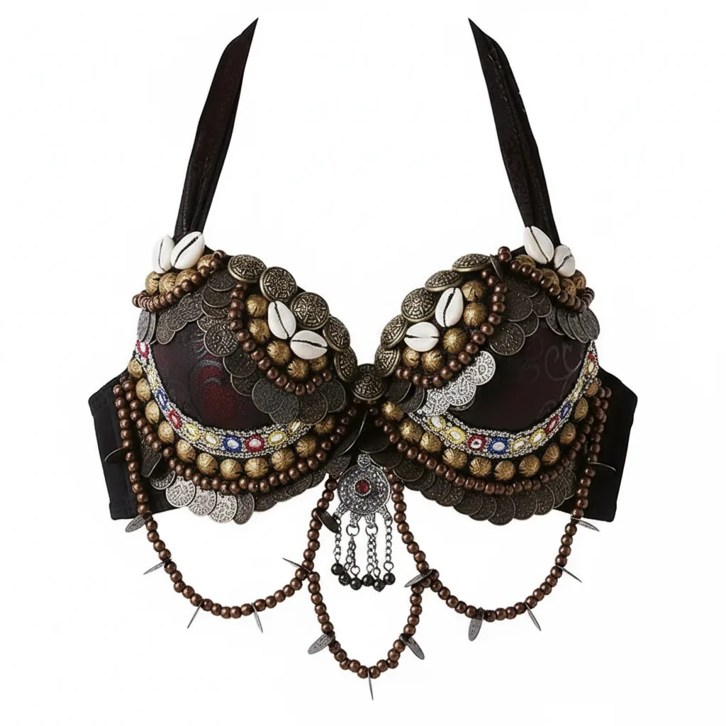 Plemienny taniec brzucha Push Up biustonosz z koralikami miseczka B-C-D Vintage biustonosz cygański brązowe monety Swags ATS topy