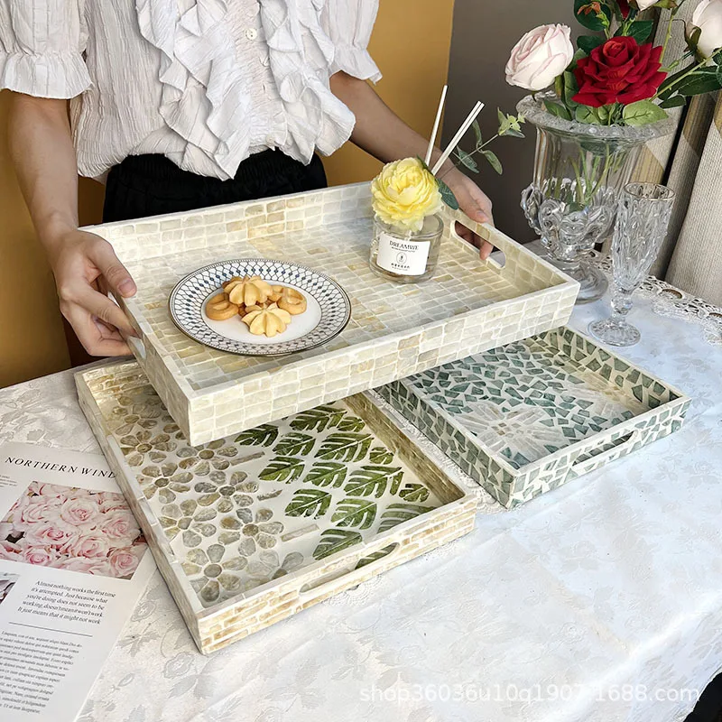Premium Light Luxury Rectangular Inlaid Shell Tray, Multi-Scenario Table Organizer for Tea, Coffee, Dessert & Home Decor