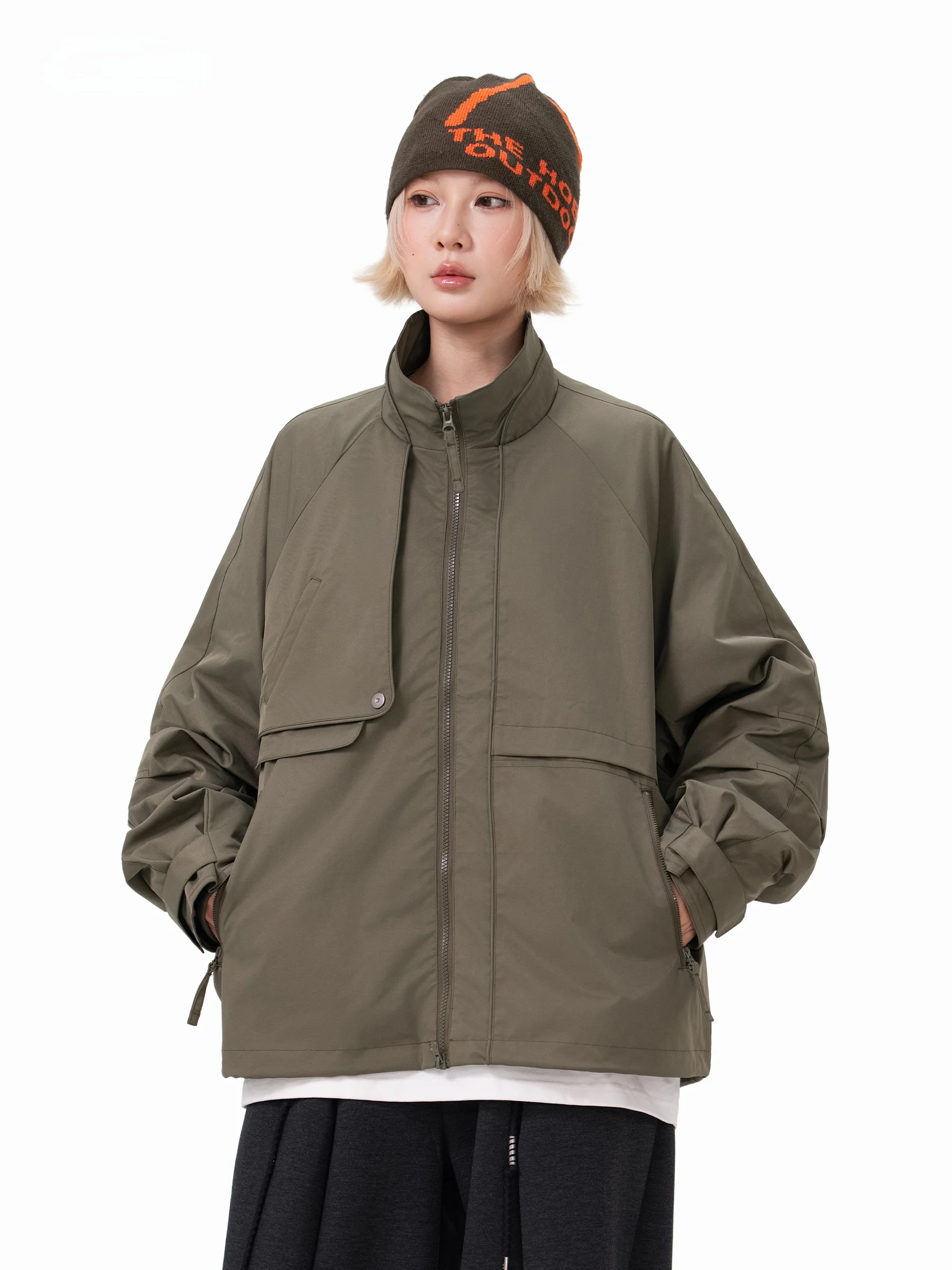 AOGZ Unisex Outdoor Workwear Style Jacket Stand Collar Loose Fit Multiple Pockets Black Outerwear Polyester Long Sleeve Zipper