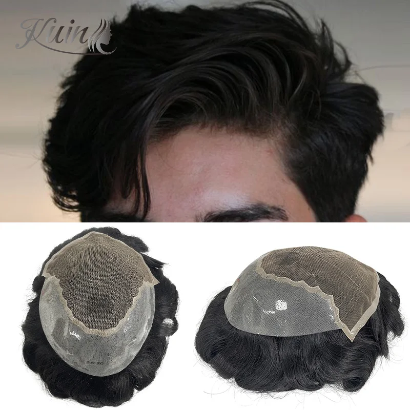 

Q6 Men Toupee Human Hair Wigs Swiss Lace PU Men's Wigs Indian Human Remy Hair Replacement Bleached Knots Natural Hair System Wig