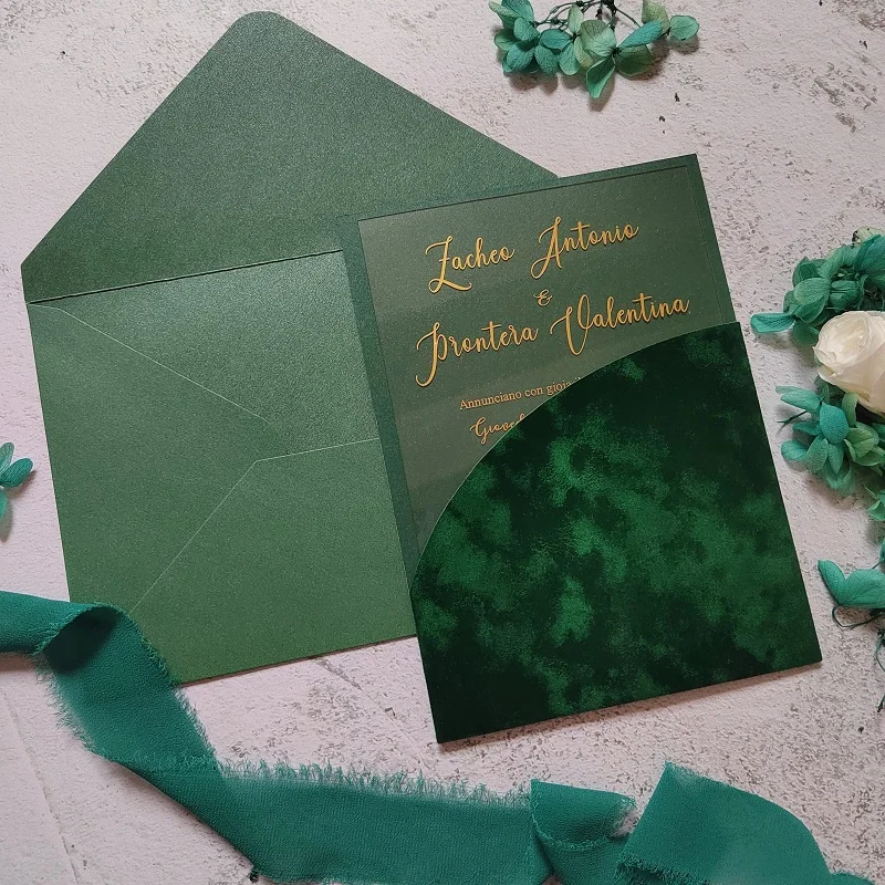 Emerald Green Suede Velvet Invitation Pocket with Gold Foil Acrylic Invitation Card Arch Wedding