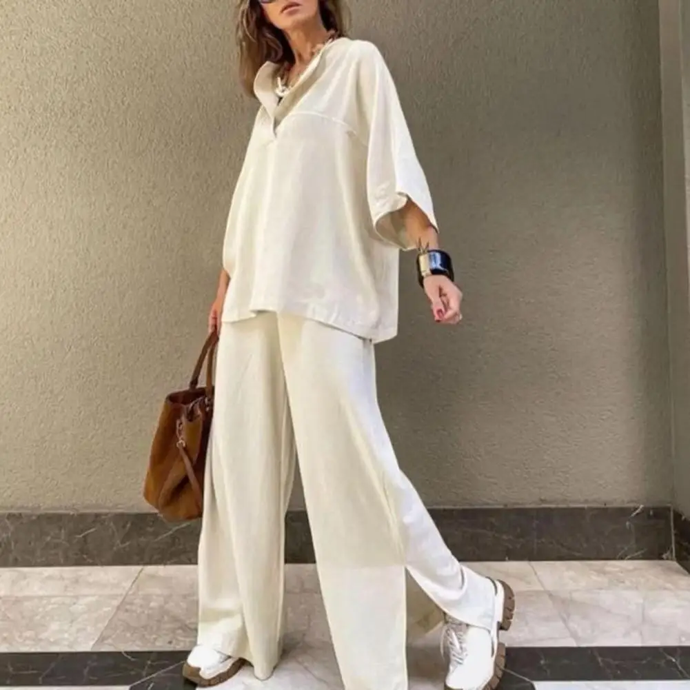 

Винтажный свободный комплект одежды из 2 предметов для женщин, однотонный пуловер с рукавами 3/4, повседневные комплекты с широкими брюками, весна-лето 2024, новинка