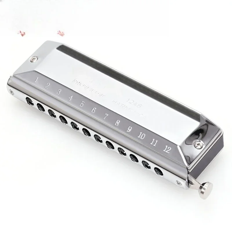 12 holes, 48-tone round mouthpiece, silver chromatic harmonica