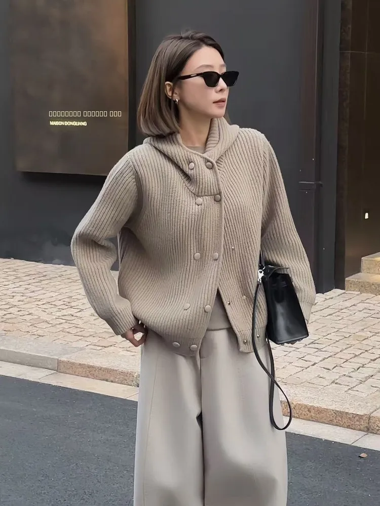 

Zhou Lazy Hooded Knitwear Button up Loose Fit Autumn Winter New Arrival Comfortable Slouchy Sle Women's Woolen Sweater