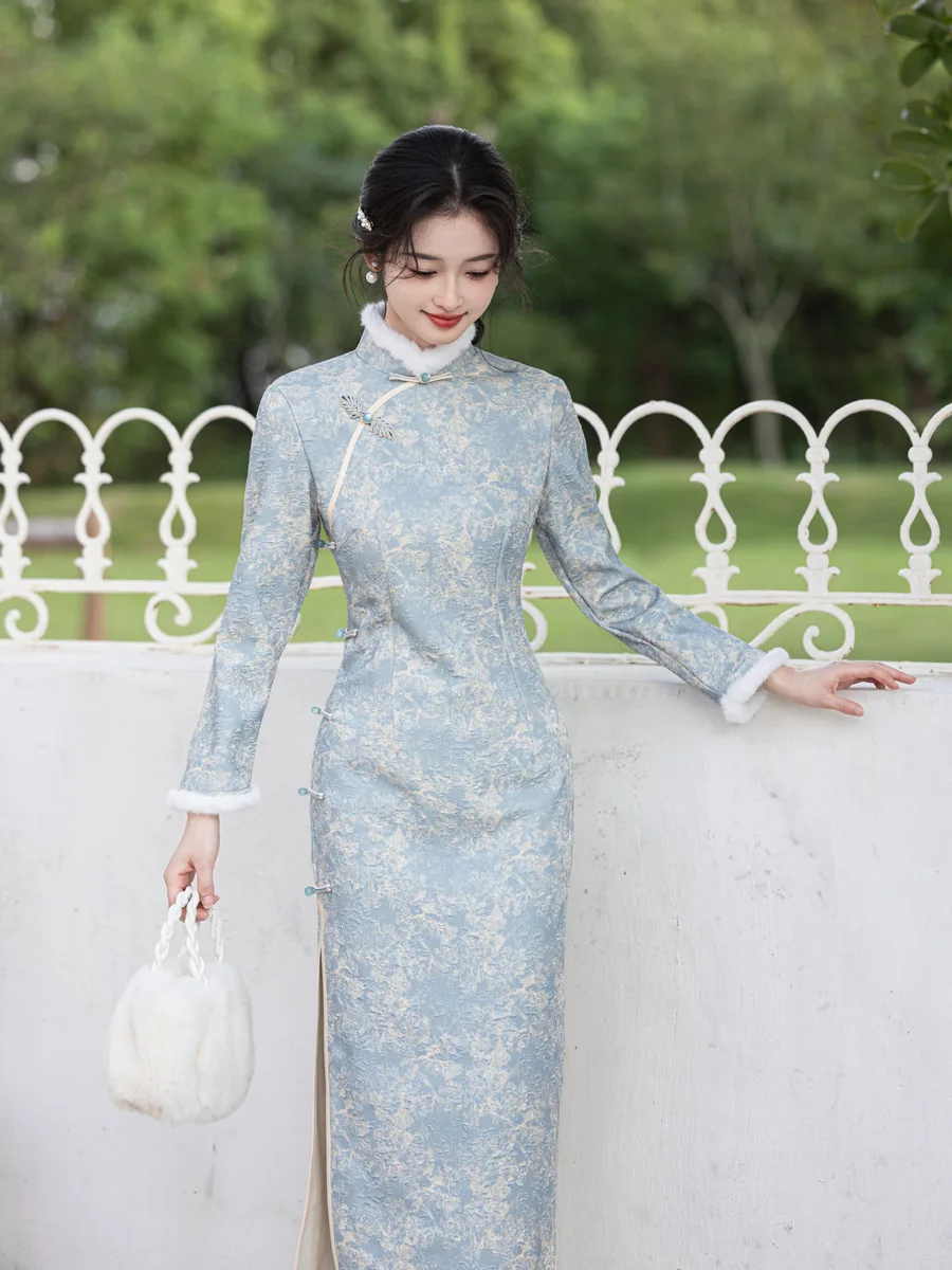 New Chinese Style Improved Daily Cheongsam, With Added Velvet And Thickened Temperament Dress, Women\'s Winter Long Sleeved