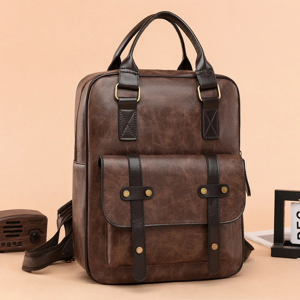 Picture 5: Durable pu leather retro men's backpack, multi-functional large-capacity 14-inch computer storage lock travel backpack