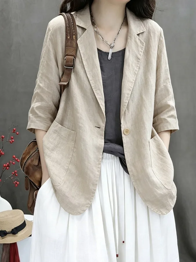 Summer New 2026 Artistic Vintage Cotton Linen Casual Three-Quarter Sleeve Pure Color Small Western Style Short Outerwear Top