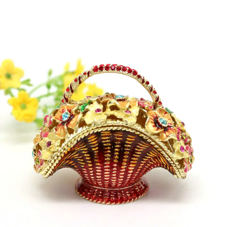 SHINNYGIFTS Enameled Basket Trinket Box with Floral Design Hand Painted Hinged Jewelry Box  Vintage Home Decor Gift for Women