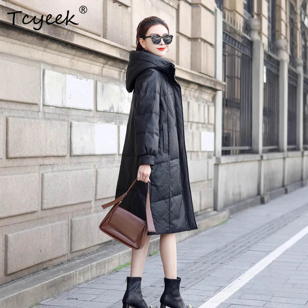 Tcyeek 리얼 탑 레이어 양가죽 화이트 덕 다운 가을 겨울 후드 미드 길이 여성용 천연 가죽 재킷 자케타 쿠로