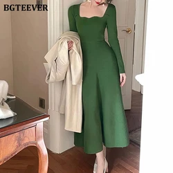 BGTEEVER Vintage Square Collar Knitted A-line Dress Women Full Sleeve Slim Waist Female Dress Autumn Winter Vestidos