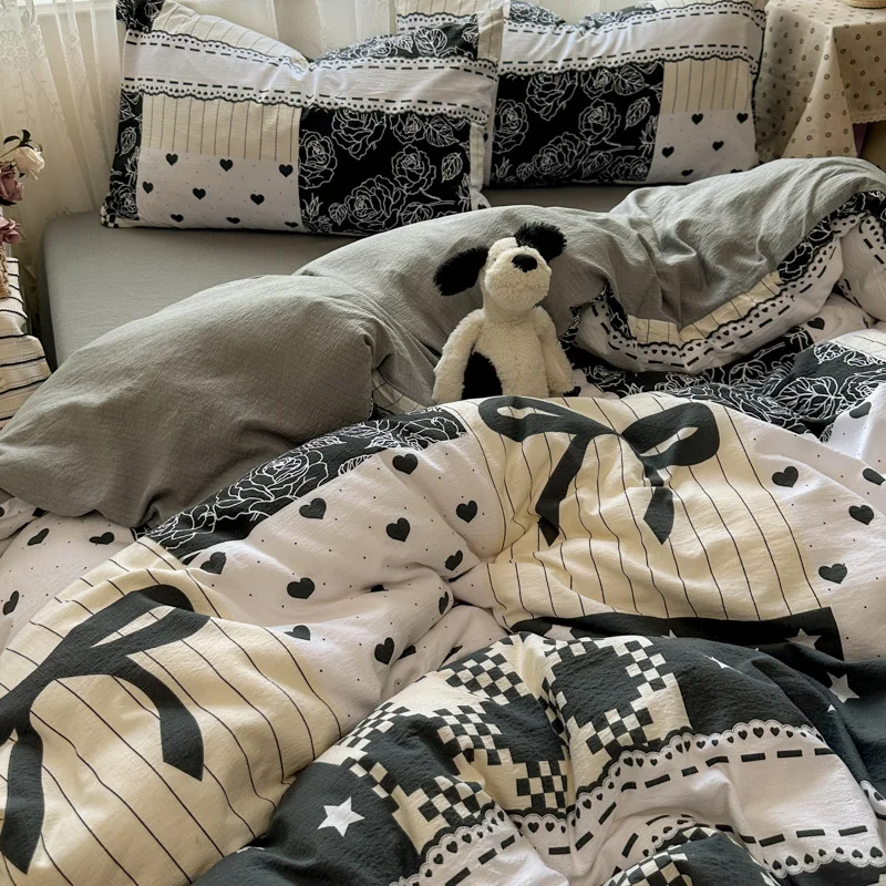 Korean Style Fashion Bedding Set Kids Adults Twin Full Queen Size Bed Flat Sheet Duvet Cover Pillowcases Printed Bed Linen Set