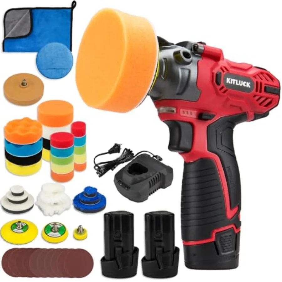 

Cordless Buffer Polisher, 12V Mini Wax Buffer and Sander with 2 X 2.5Ah Battery and Charger, 1/2/3" Backing Plate, 40pcs Polish