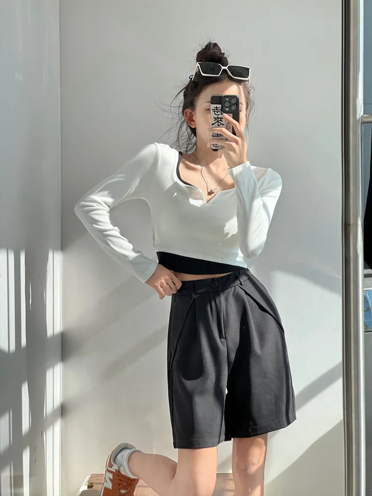 سليم صالح ort Sve تي شيرت المرأة الربيع V-ne اللون بلو طويل Sve Faionable التخسيس ort طول البطن Baring الأعلى #5