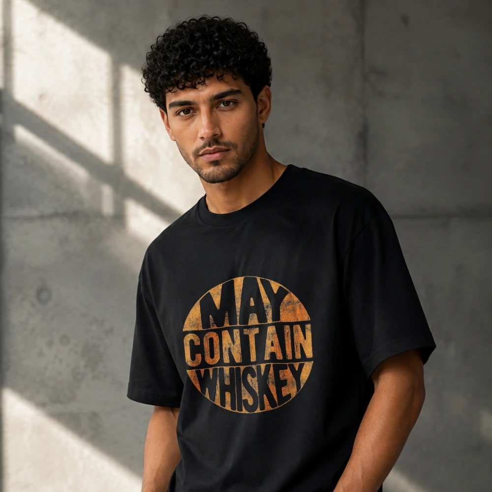May Contain Whiskey Vintage Distressed Circle Graphic Men Modal T‑Shirt Print O‑Neck Tees Soft Lightweight Summer Casual Tops