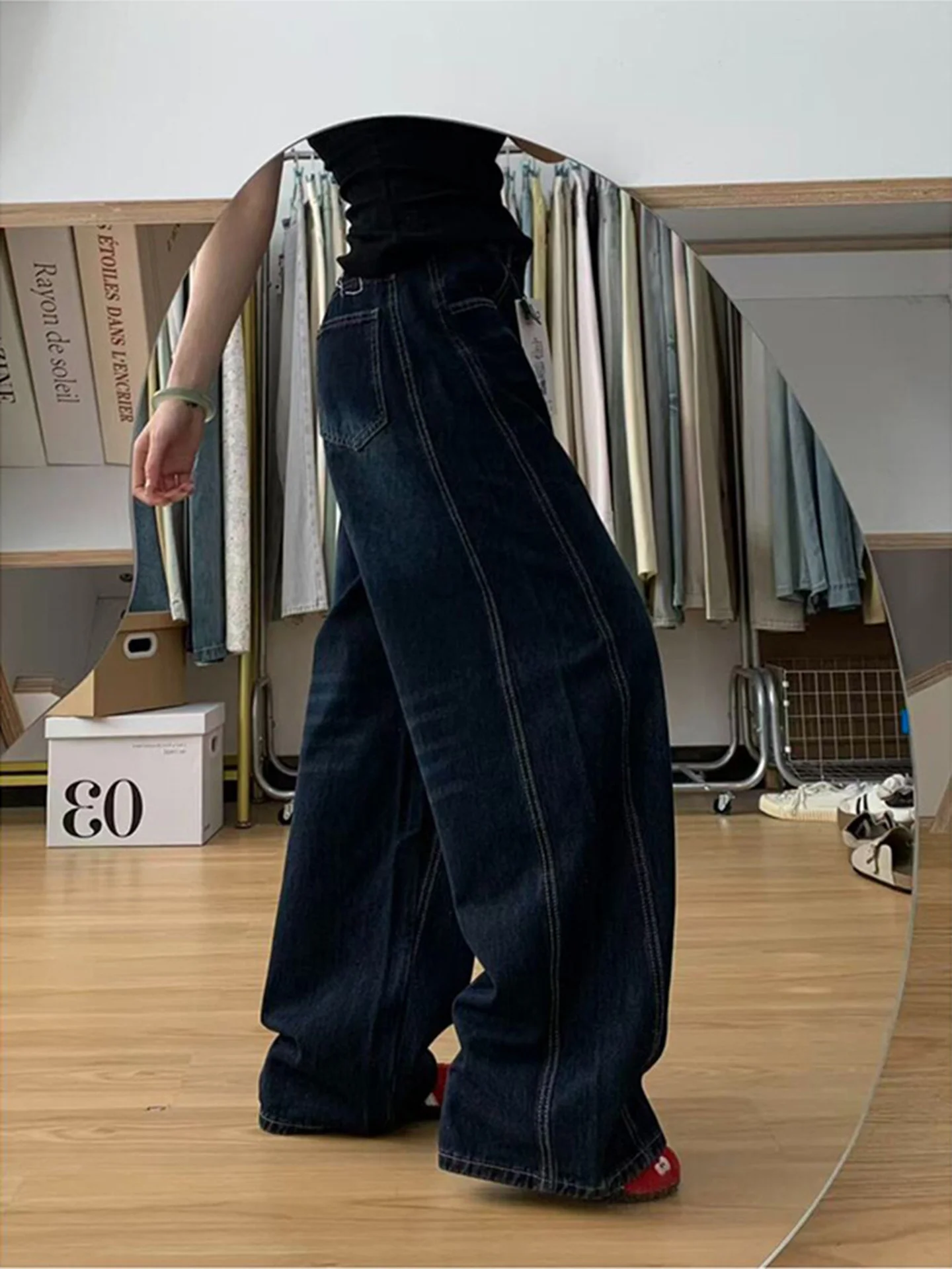 plus Size American Design Deep Color Small ket Wide Leg Jeans Women's Loose Fit Autumn Winter New Sle Casual Straight Jeans