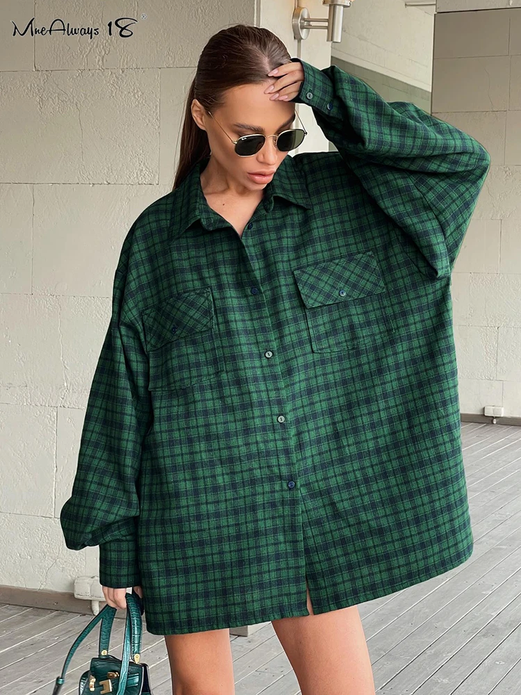 Mnealways18 Green Shacket Oversize Shirts Women Dropped Shoulder Street Style Plaid Blouses Double Pockets Casual Loose Top 2023