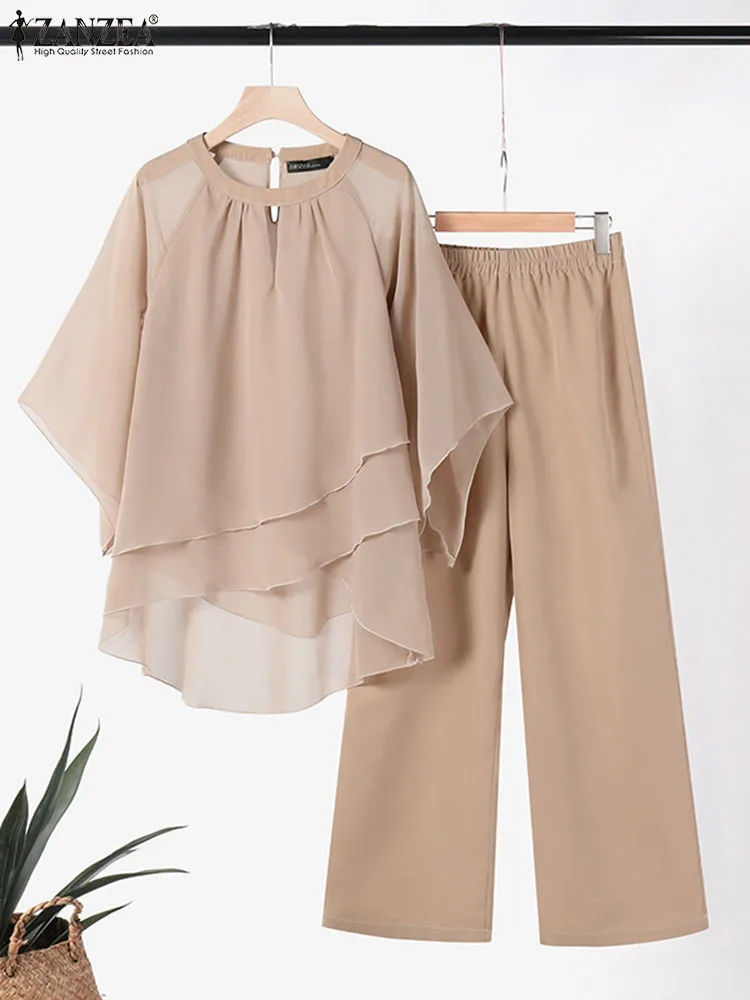 ZANZEA Fashion 2pcs Outfits Elastic Waist Trouser Stylish Solid Women Pant Sets Chiffon High Low Blouse Casual Tracksuits