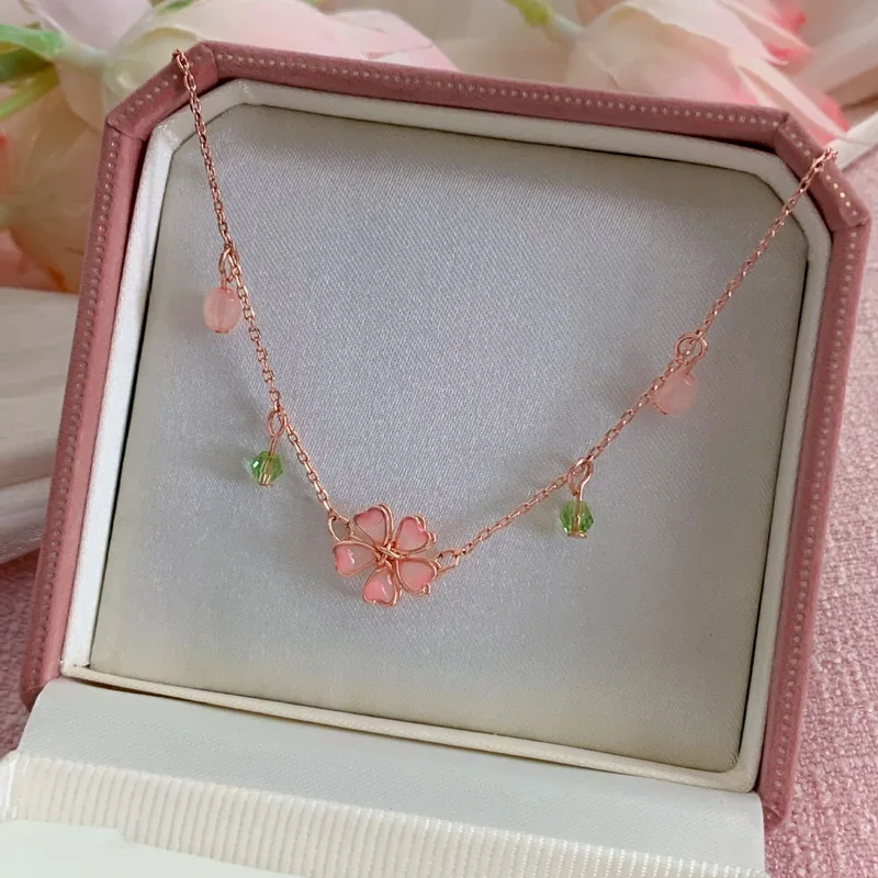 Romantic Cherry Blossoms Flower Necklace For Women Shiny Crystal Zircon Butterfly Flower Pearl Clavicle Chain Girl Party Jewelry image 5