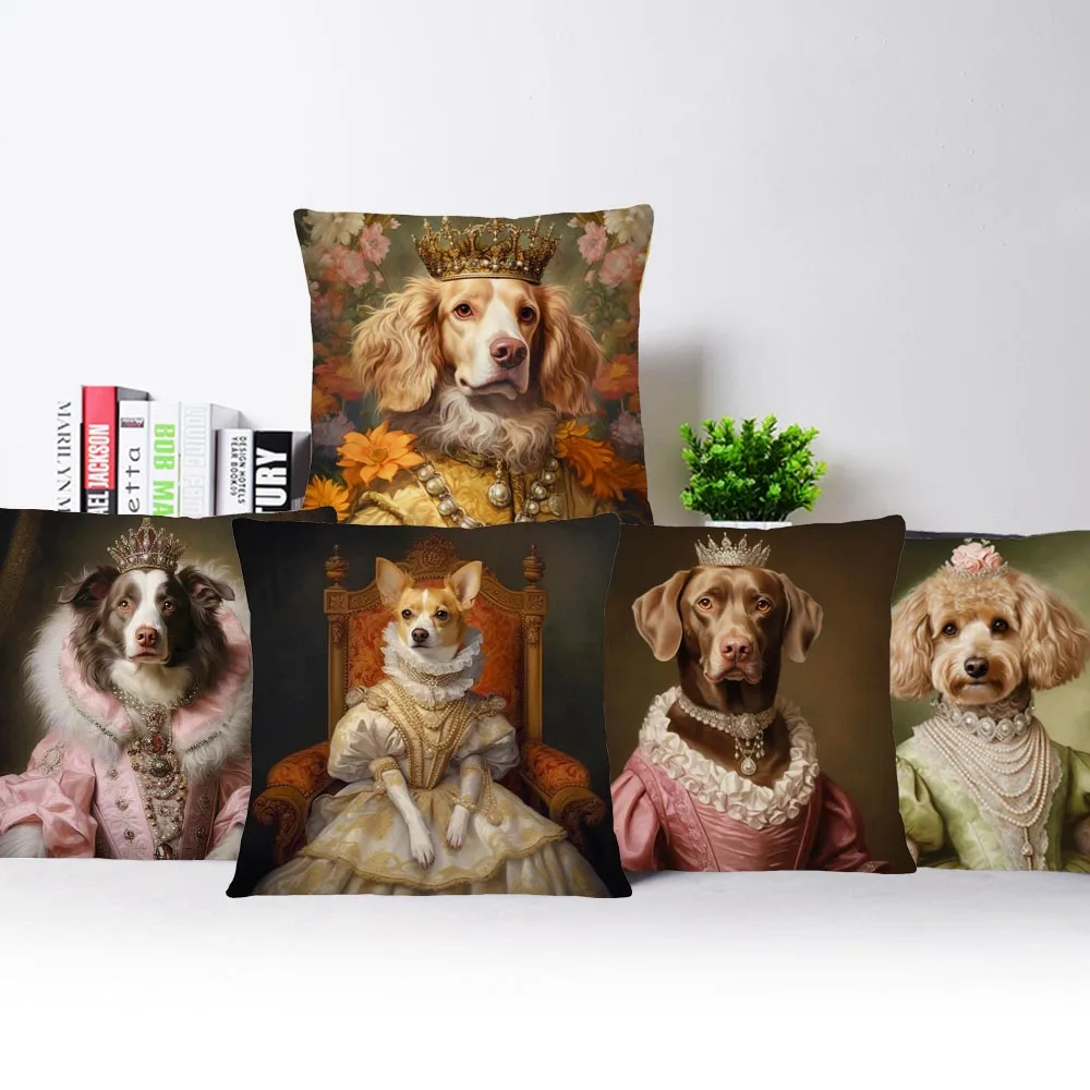 European Vintage Royal Court Dog Poodle Chihuahua Animals Poster Cushion Cover Decorative Pillow Case