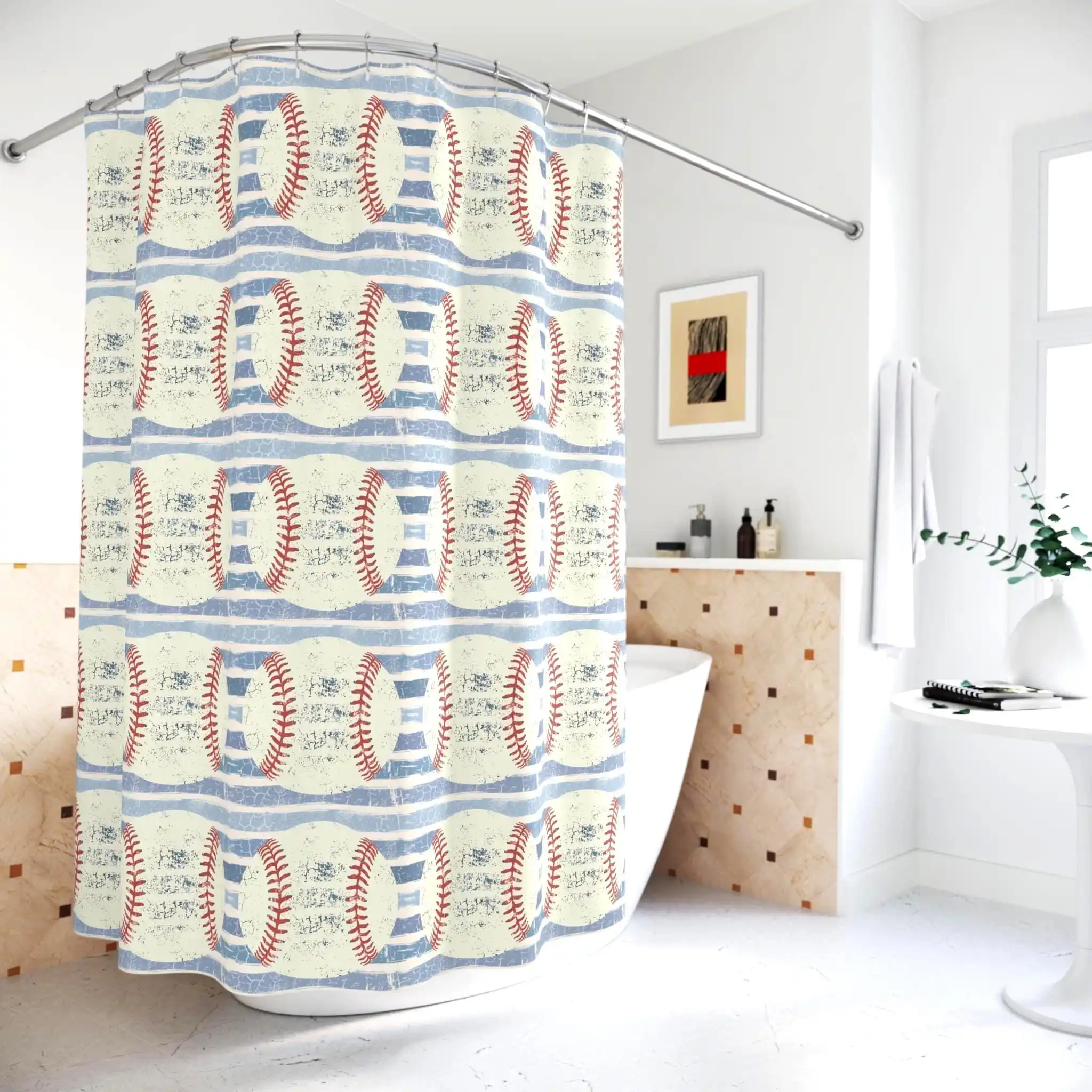 Baseball Stitch Pattern Shower Curtain Bathroom Decor Blue White Sporty Novelty Curtain Liner