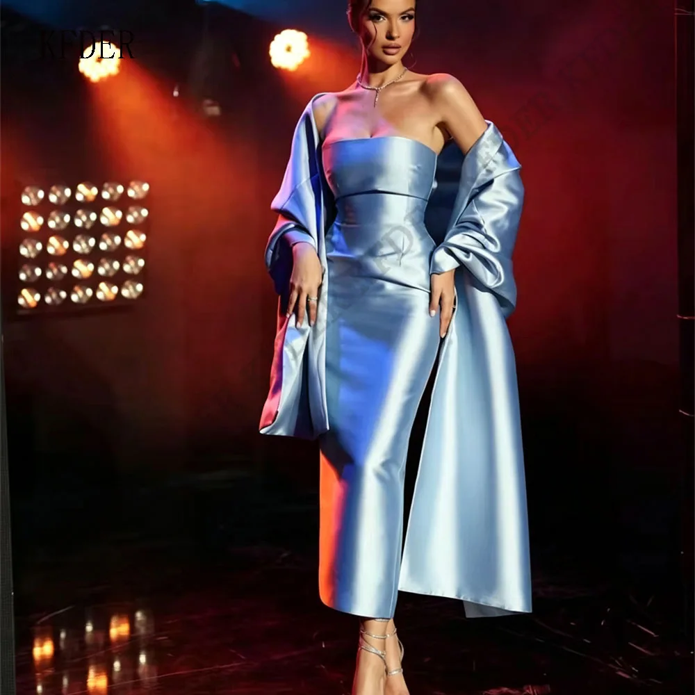 Customized Sky Blue Detachable Cape Sheath Prom Dress Ruched Sleeveless Formal Evening Floor-Length Vestidos De Fiesta 2026