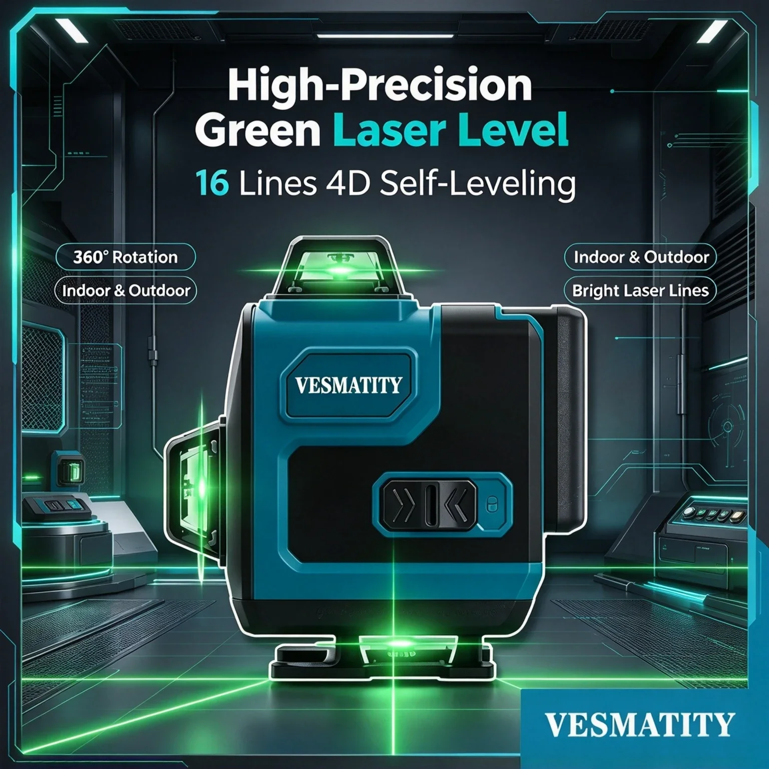 Vesmatity Remote Battery 16 Lines Green Laser Level Self Leveling IP65 Waterproof Powered Alignment Tool Max Pro Speed Kit