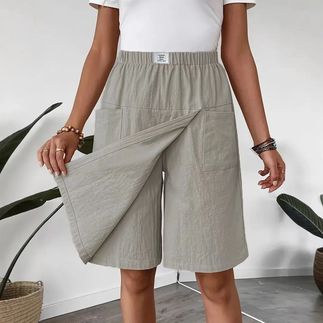 Leggins Deportivos para Mujer, Cintura Elástica, Color Sólido, Holgados, para Playa, Vacaciones, Culottes Cortos de Verano, Nuevos Culottes Versátiles con Bolsillo