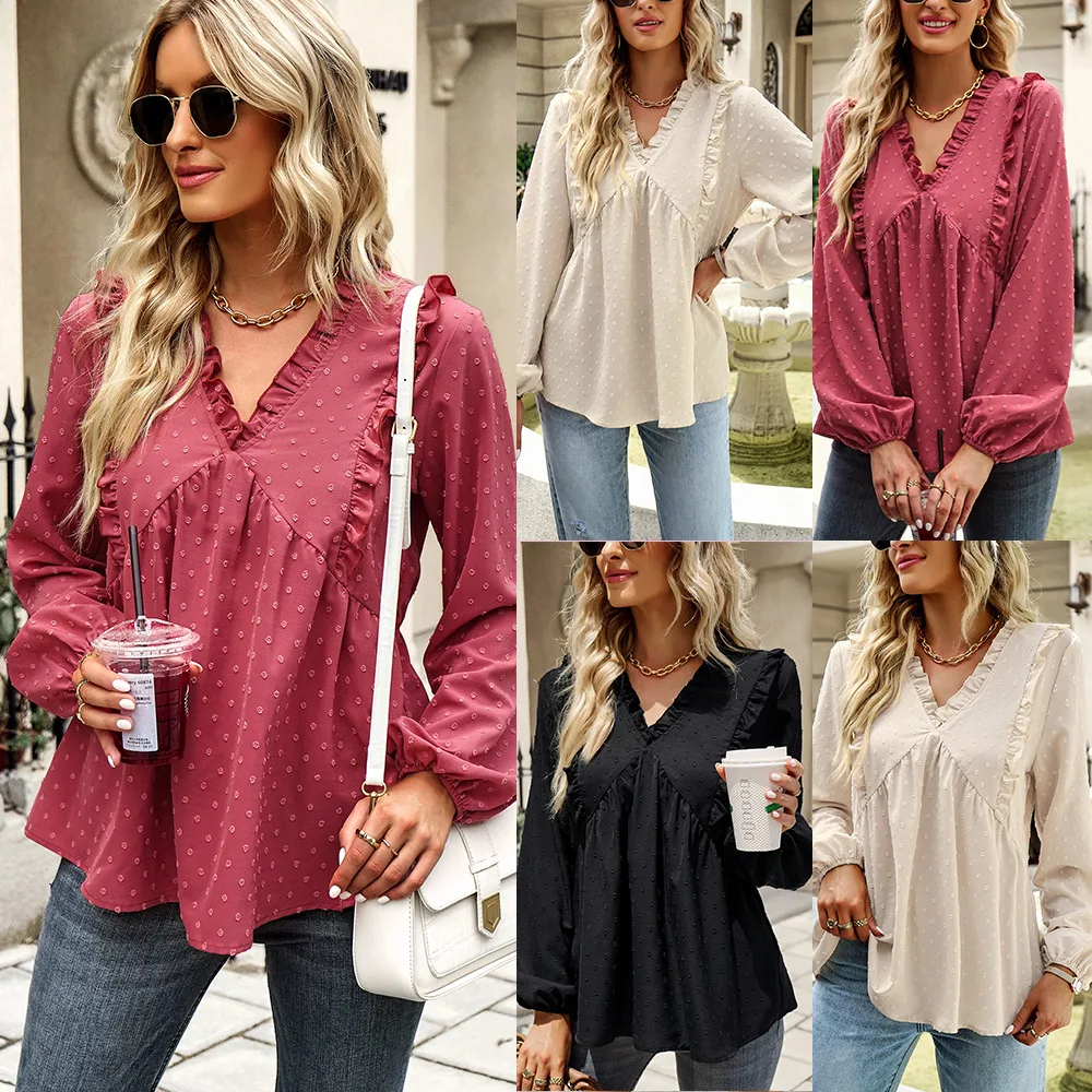 

2022 Autumn Fashion Women V-Neck Lantern Sleeve Top Buttons Lantern Sleeve Fashion Casual Loose Basic T-Shirt Female Clothing